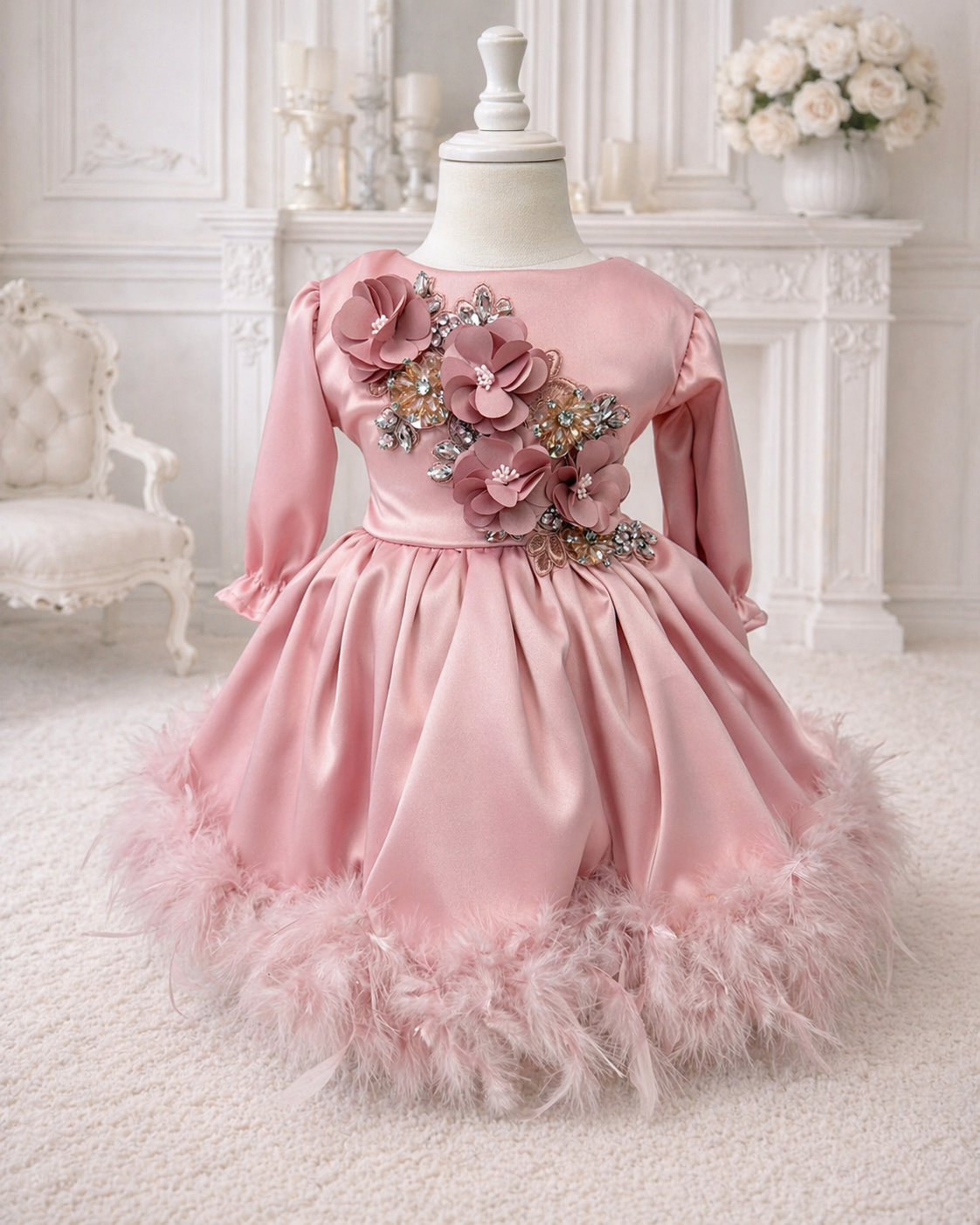 Rochie elegantă fetiță roz cu flori aplicate și fustă amplă