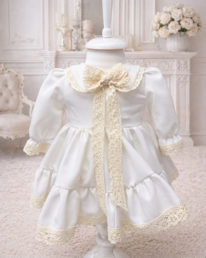 Rochie de botez ivory cu fundă croșetată și volane
