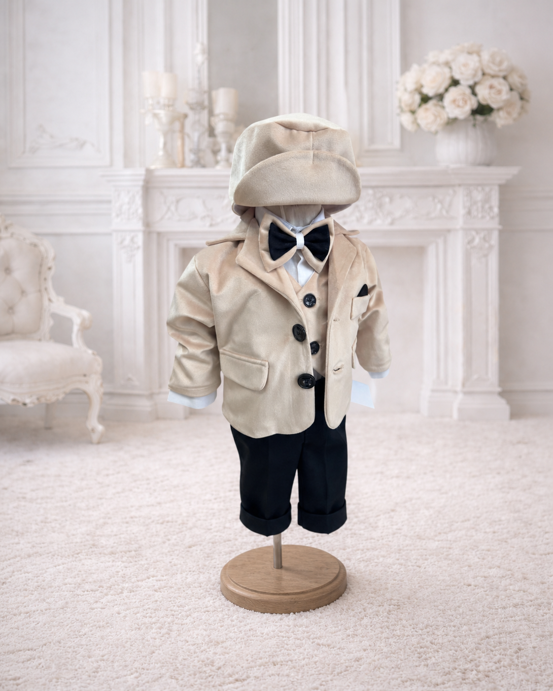 Costum botez băiețel bej cu papion bicolor și bască - imagine 3