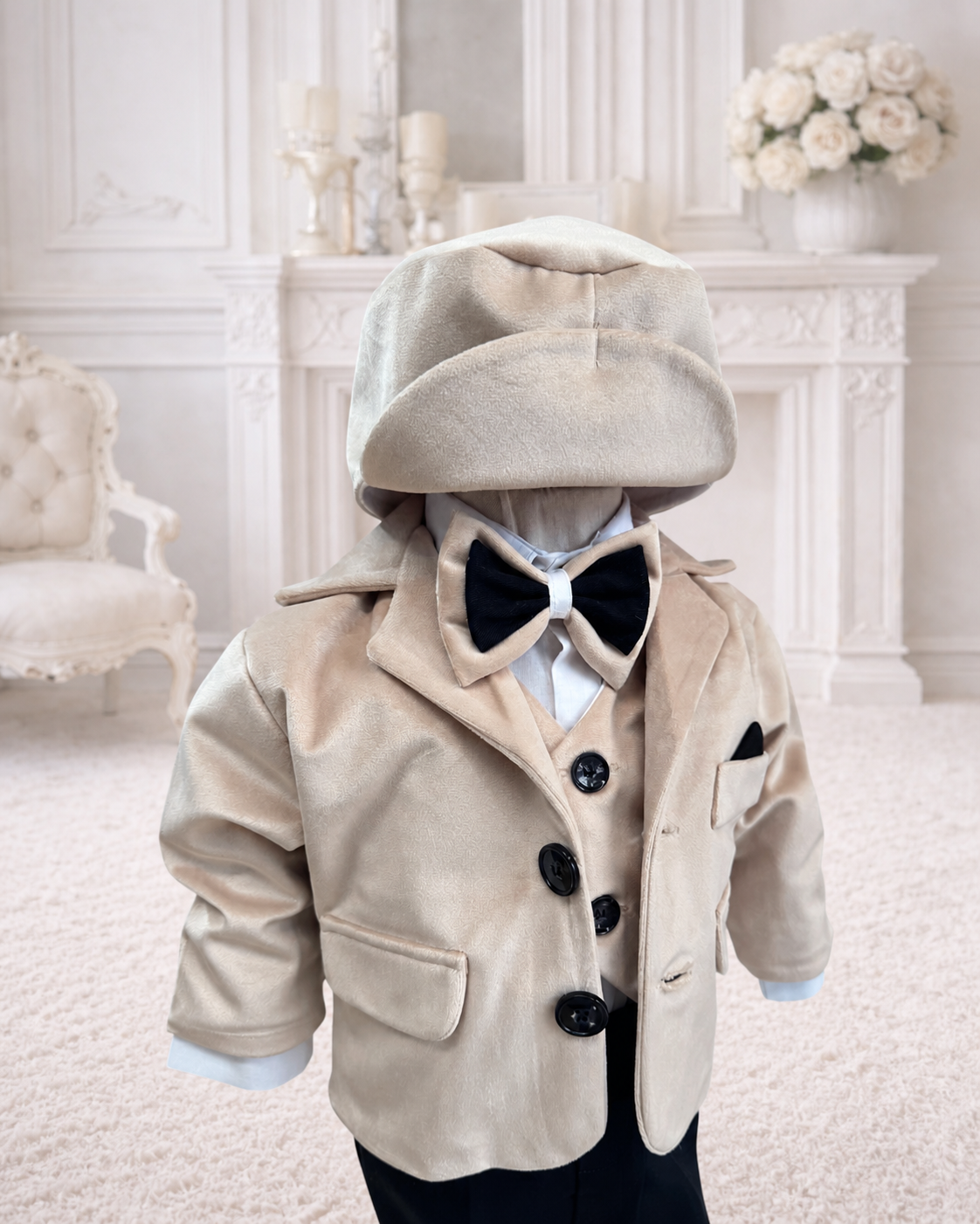 Costum botez băiețel bej cu papion bicolor și bască - imagine 2