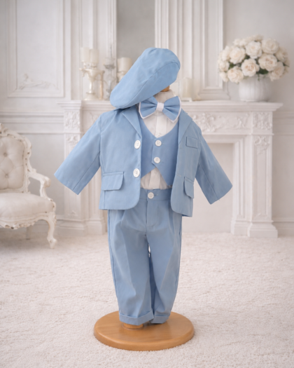 Costum botez bleu pentru băiețel cu bască și papion