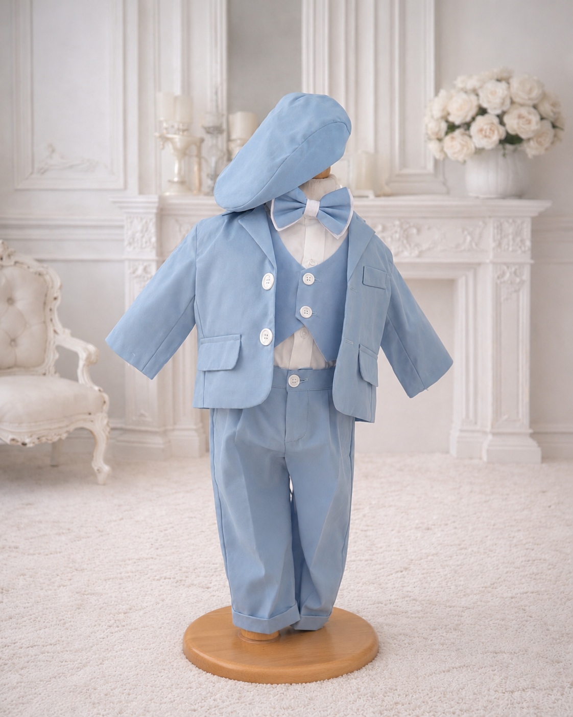 Costum botez bleu pentru băiețel cu bască și papion