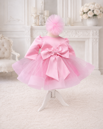 Rochie botez fetita roz satin cu tutu pufos si funda mare pe spate - Nasa Bogatasa