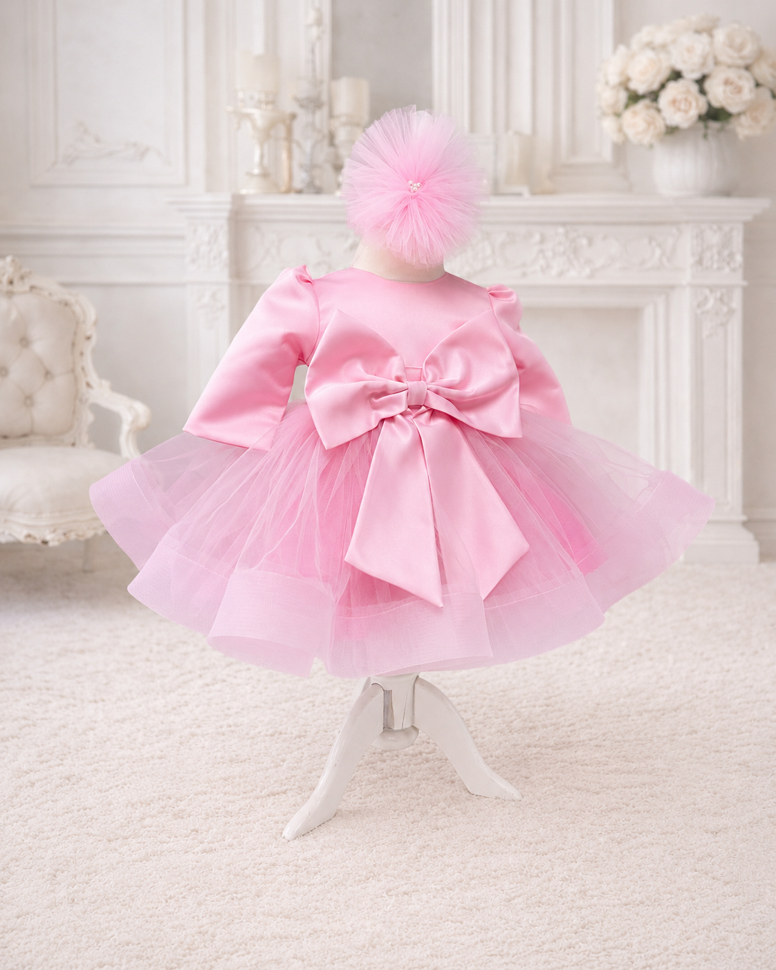Rochie botez fetita roz satin cu tutu pufos si funda mare pe spate - Nasa Bogatasa