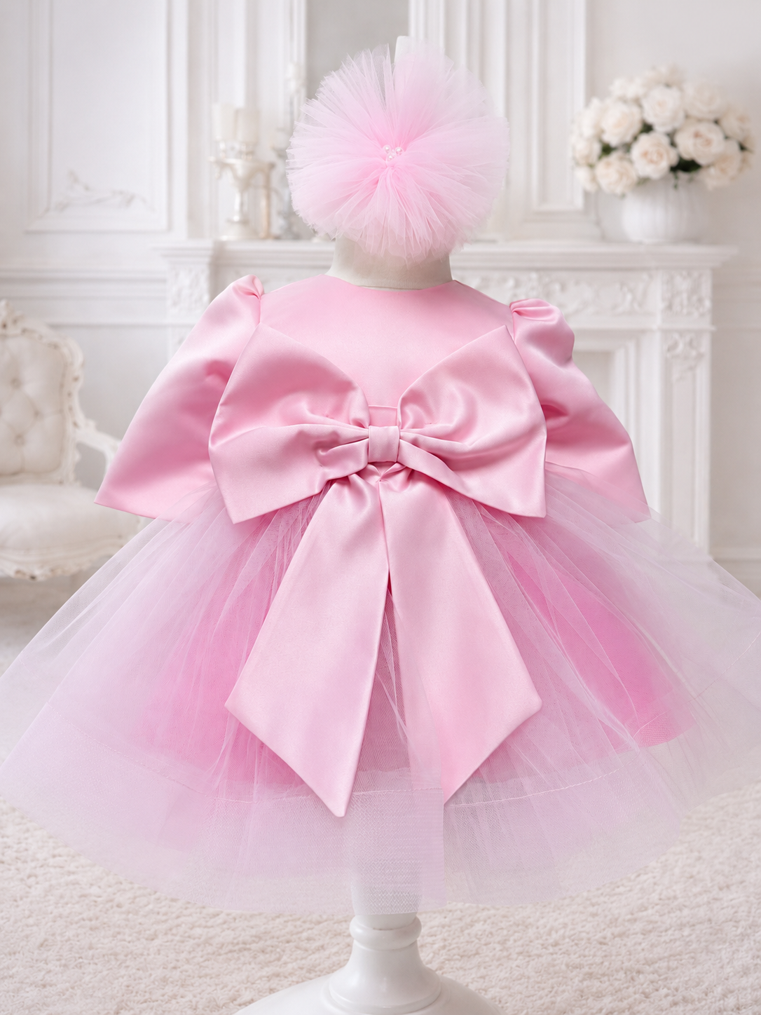 Set 2 piese botez fetita roz cu rochie satin tulle si pompom roz