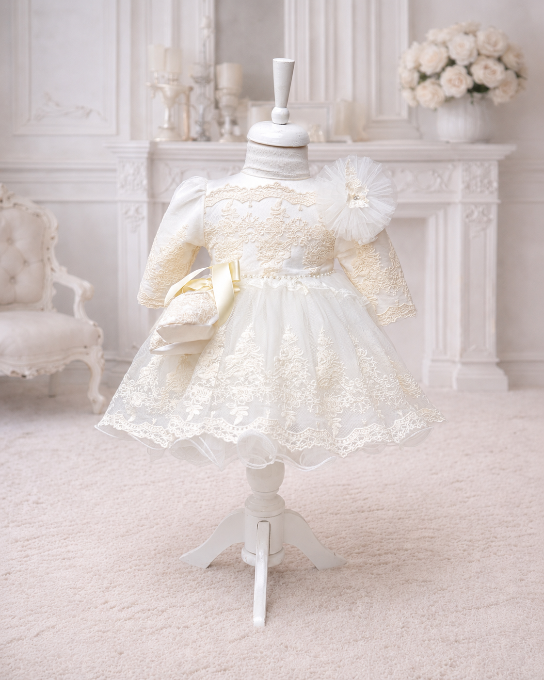 Rochiță botez albă pentru fetiță cu broderie ivory