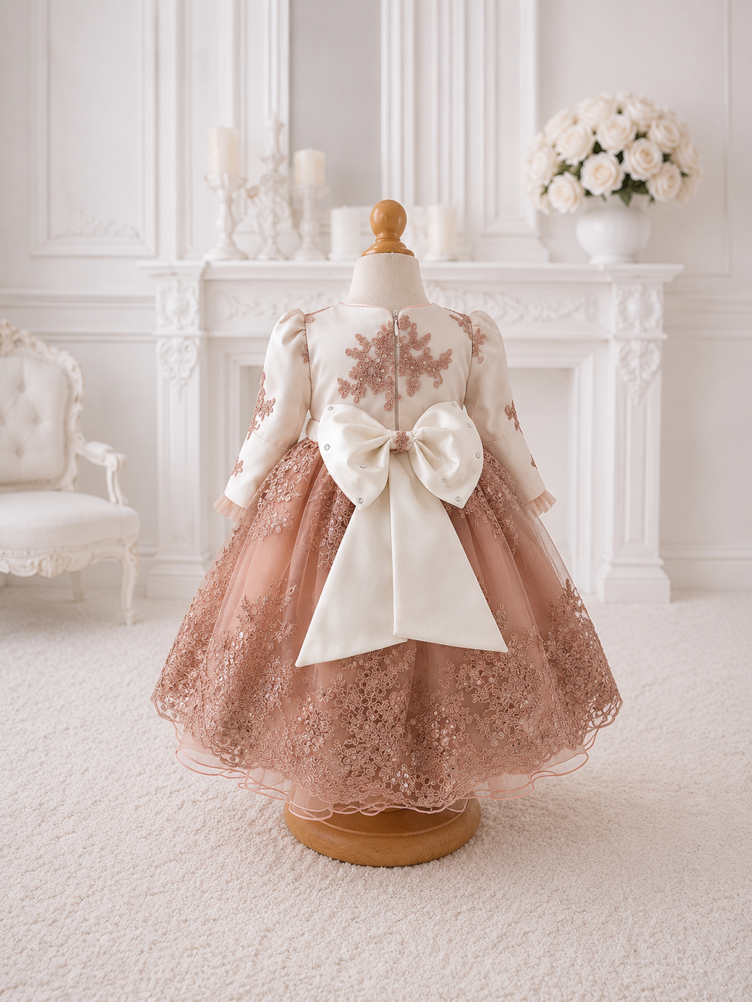 Set complet botez fetita ivory cu dantela brodată fusta ampla bonet si botosei