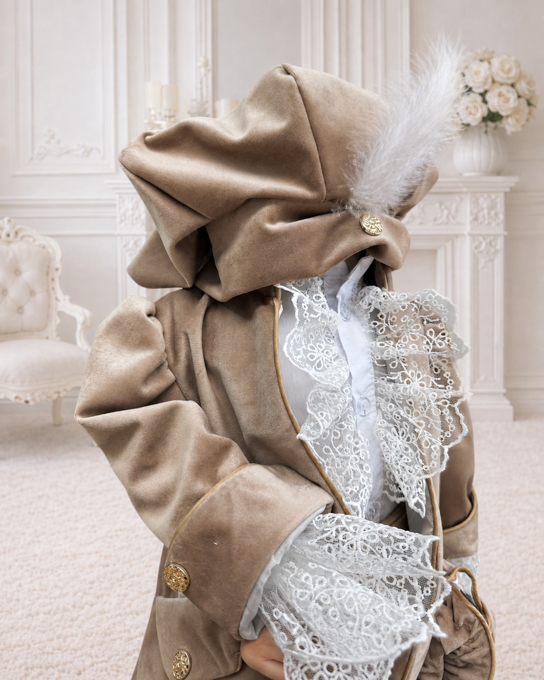 Set complet botez baiat elegant cu jacheta catifea si jabou dantela