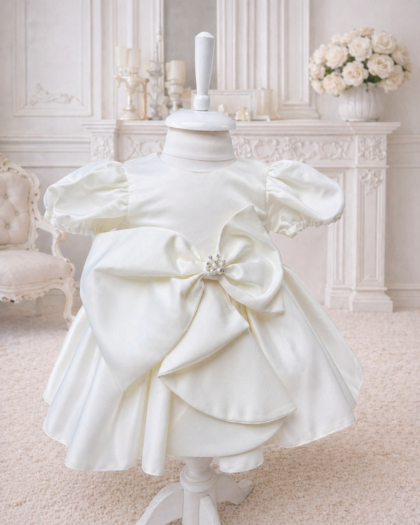 Rochie de botez fetiță ivory cu fundă mare și mâneci bufante