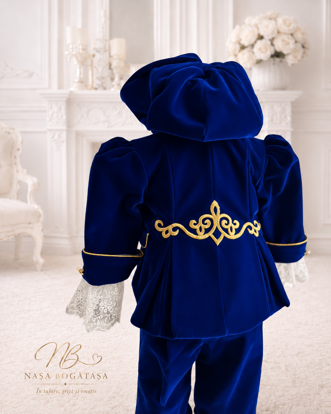 Costum de botez „Micul Prinț" din catifea albastru royal cu accente aurii și dantelă la manșete