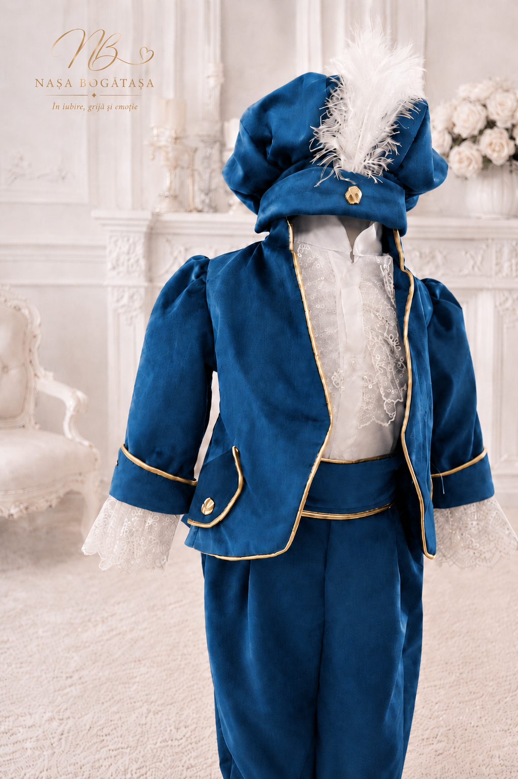 Set complet botez băiat 5 piese catifea teal: sacou auriu, cămașă dantela broaderie, pantalon, bască cu pană albă voluminoasă și botoșei