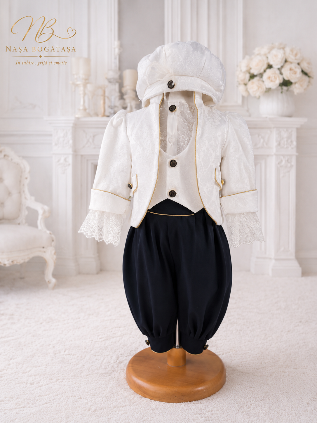 Set complet botez băiat 4 piese ivoire-bleumarin: sacou brocart, cămașă dantela, vestă, bască și pantalon navy