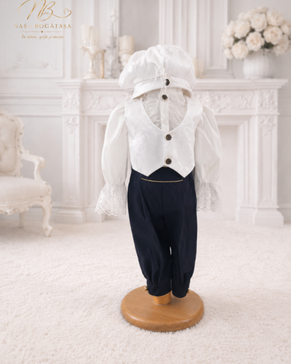Costum botez băiețel brocart ivoire cu vestă jacquard și pantalon catifea bleumarin — Nasa Bogătașa