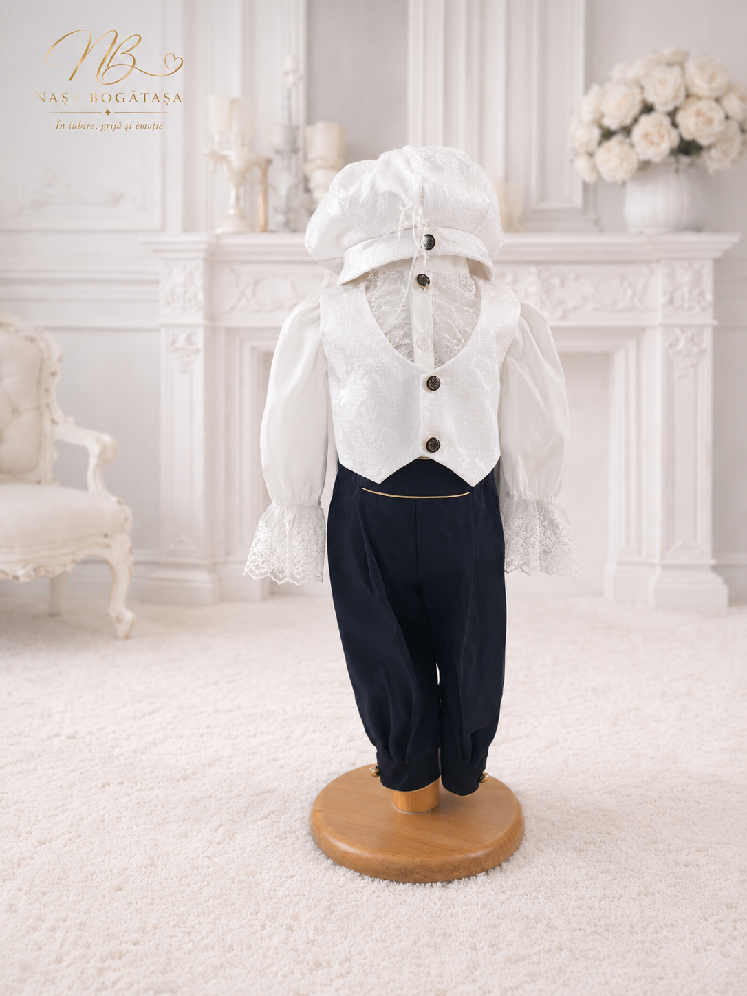 Costum botez băiețel brocart ivoire cu vestă jacquard și pantalon catifea bleumarin — Nasa Bogătașa