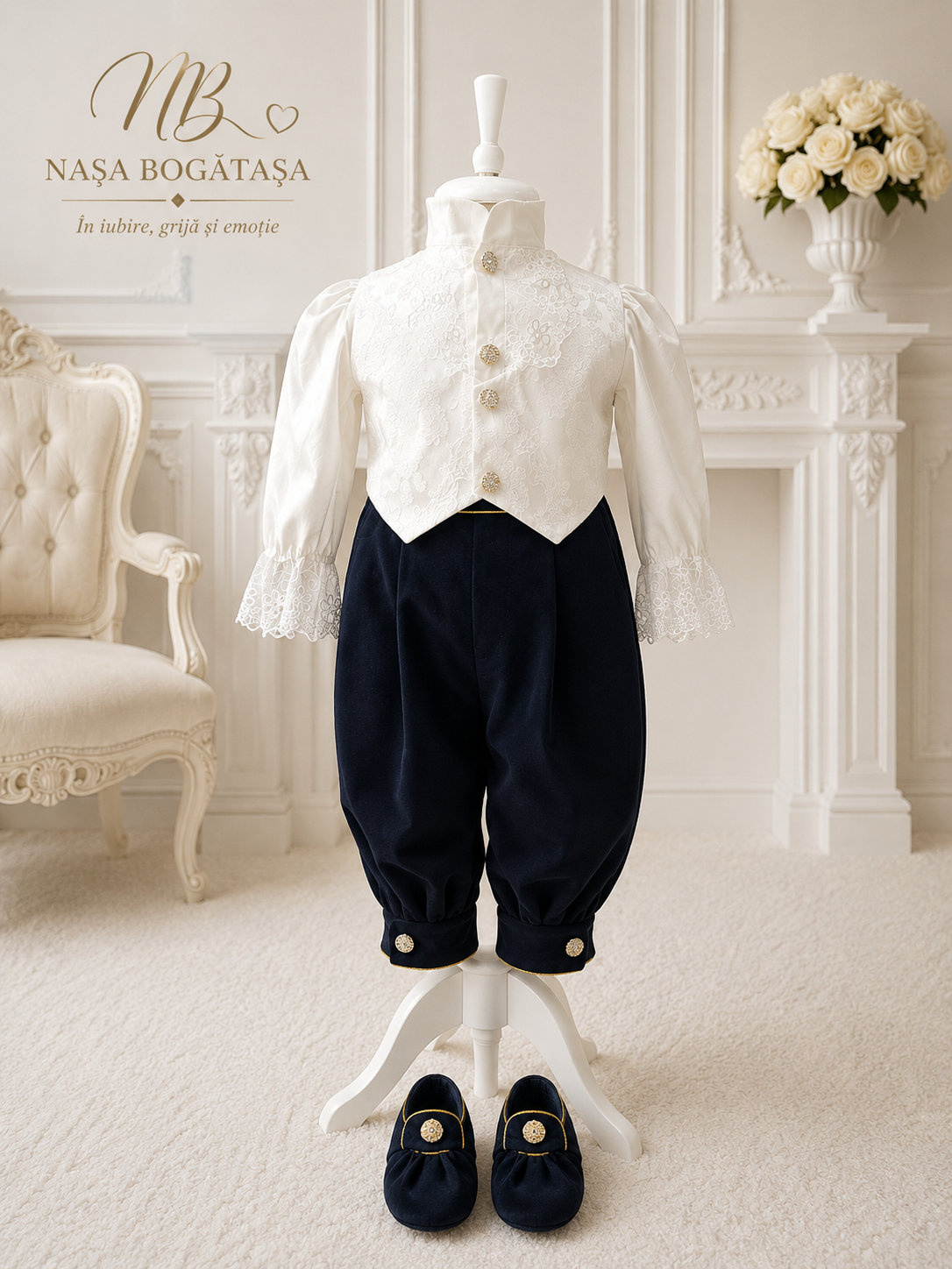 Costum Botez Băiețel Brocart Ivoire cu Pantalon Bleumarin — Set 4 Piese „Micul Gentleman" - imagine 2