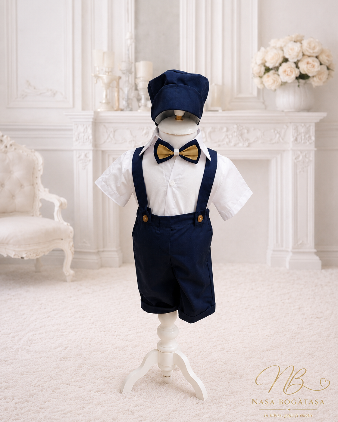 Costum botez bleumarin pentru băiețel cu bretele și șapcă