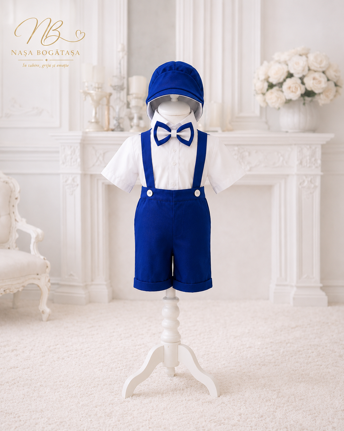 Costum botez băiețel albastru regal cu bretele și șapcă