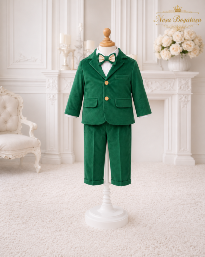 Costum botez băiat verde smarald cu papion auriu