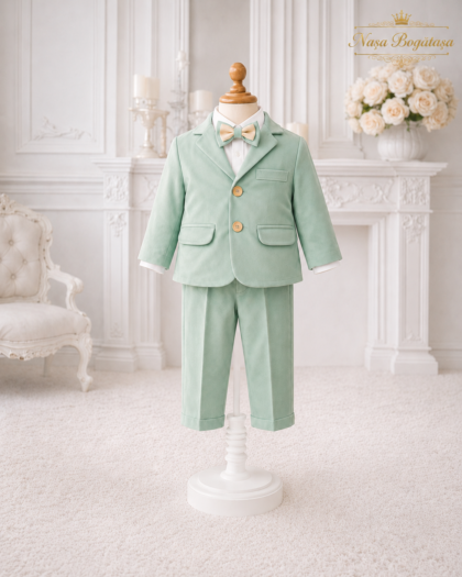 Costum botez băiat verde mentă cu sacou și vestă