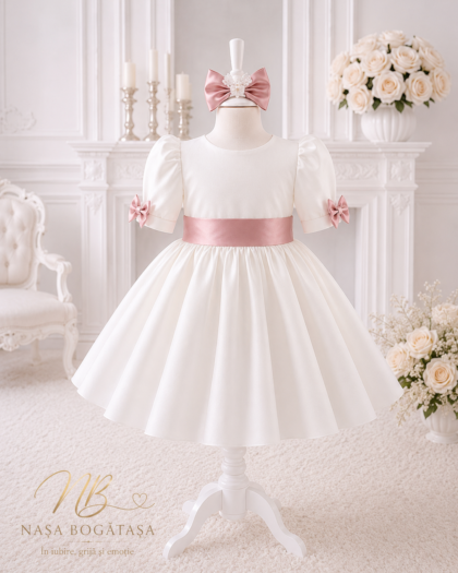 Rochie botez fetiță ivoire cu fundă roz pudrat Rosé Grace