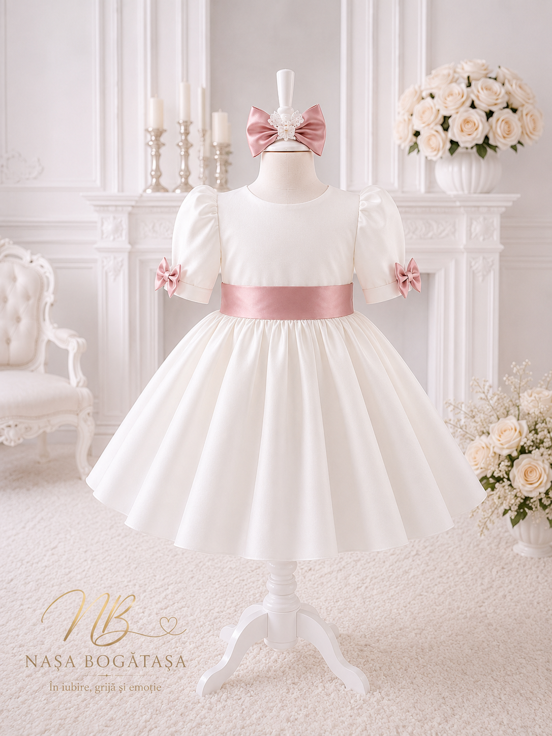 Rochie botez fetiță ivoire cu fundă roz pudrat Rosé Grace
