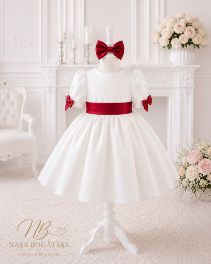 Rochie botez fetiță albă cu fundă roșie Ruby Grace