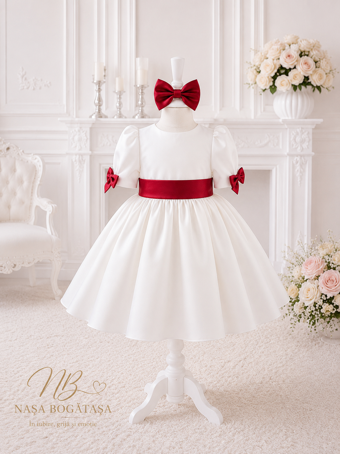 Rochie botez fetiță albă cu fundă roșie Ruby Grace