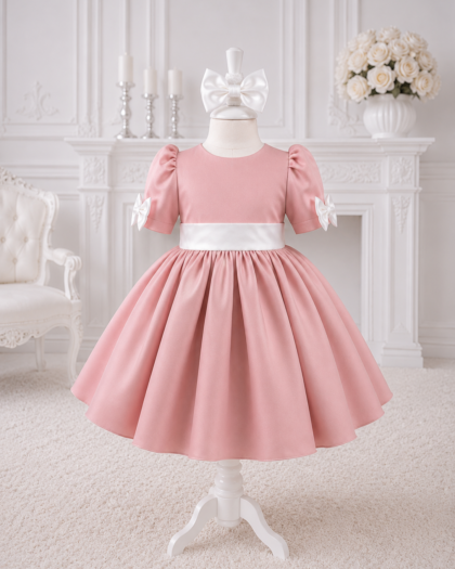 Rochie botez fetiță roz pudrat cu fundă albă Blush Pearl