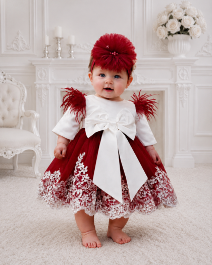 Rochie botez fetiță albă și roșie cu broderie Ruby Blossom