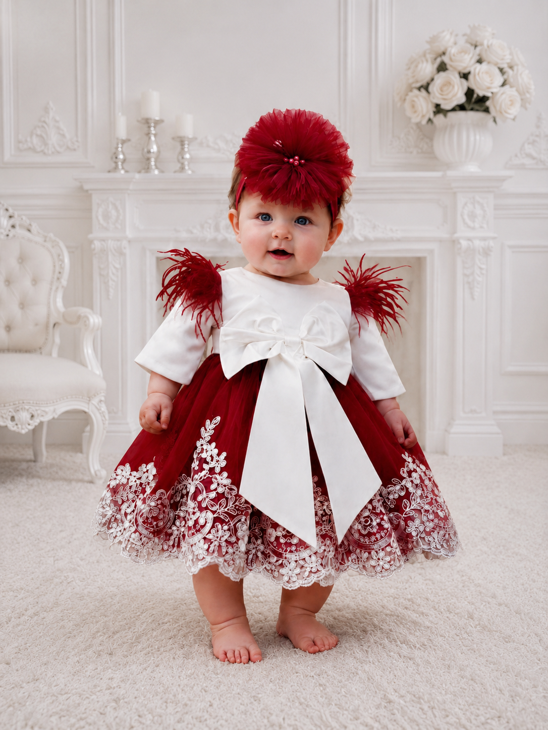 Rochie botez fetiță albă și roșie cu broderie Ruby Blossom