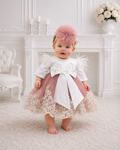 Rochie botez fetiță roz pudrat cu aplicații florale Rose Angel