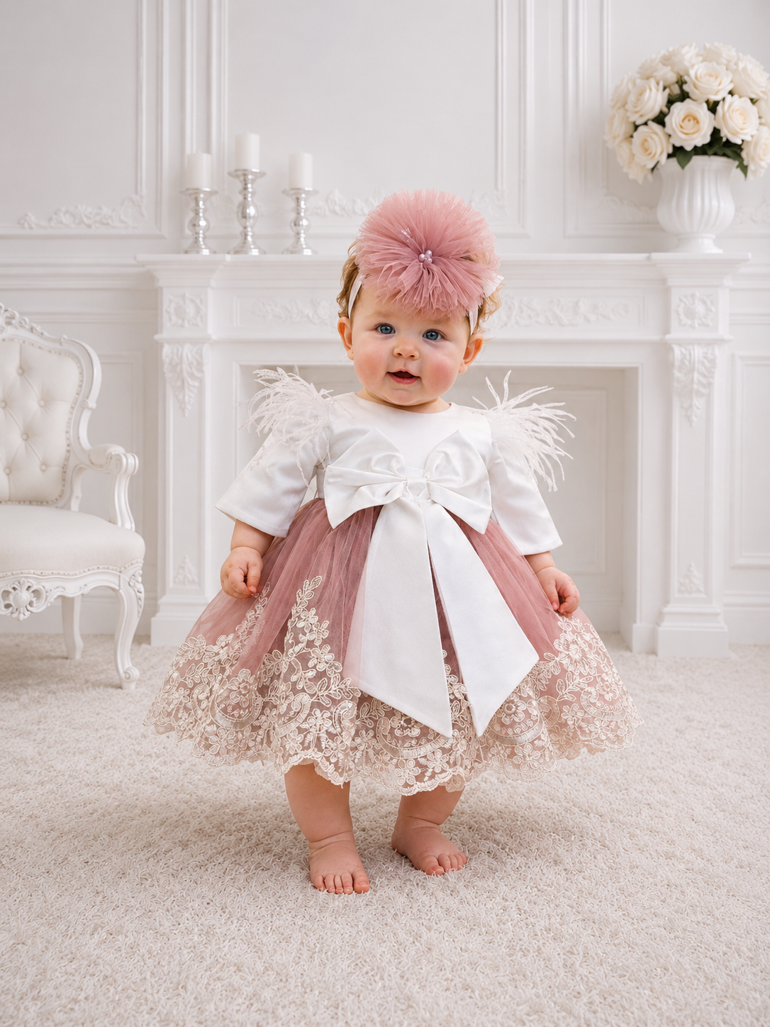 Rochie botez fetiță roz pudrat cu aplicații florale Rose Angel