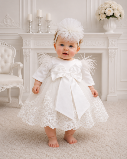 Rochie botez fetiță albă cu aplicații florale White Angel