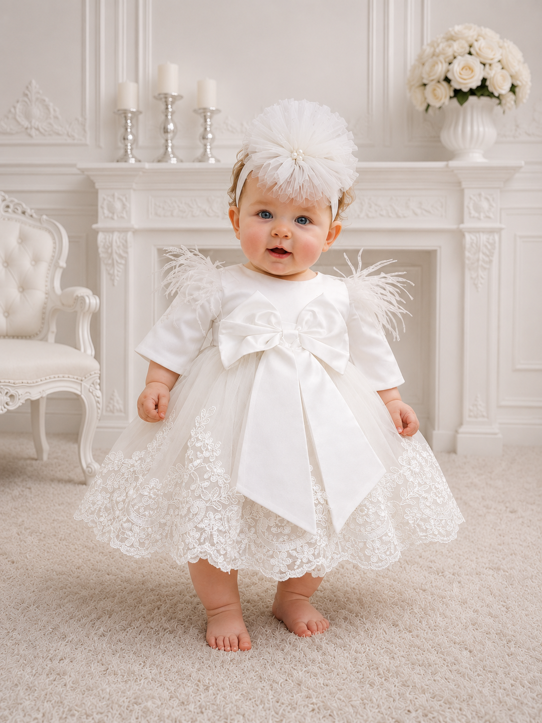 Rochie botez fetiță albă cu aplicații florale White Angel