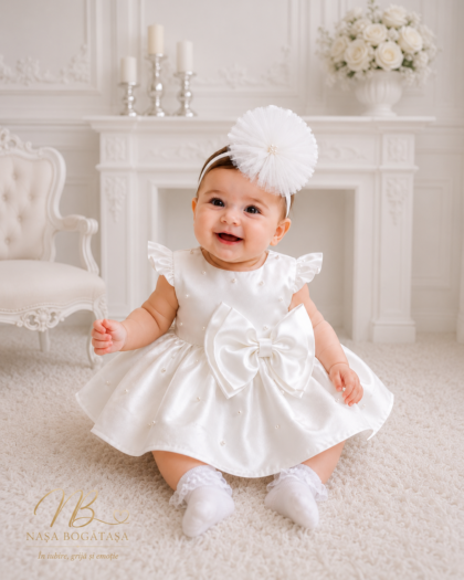 Rochie botez fetiță albă cu aplicații perlate Pearl Snow