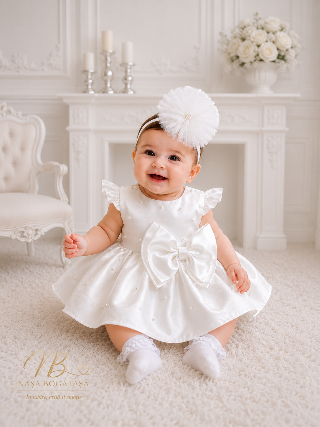 Rochie botez fetiță albă cu aplicații perlate Pearl Snow