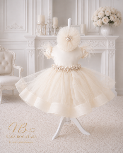 Rochie botez fetiță ivory cu tulle și aplicații perlate