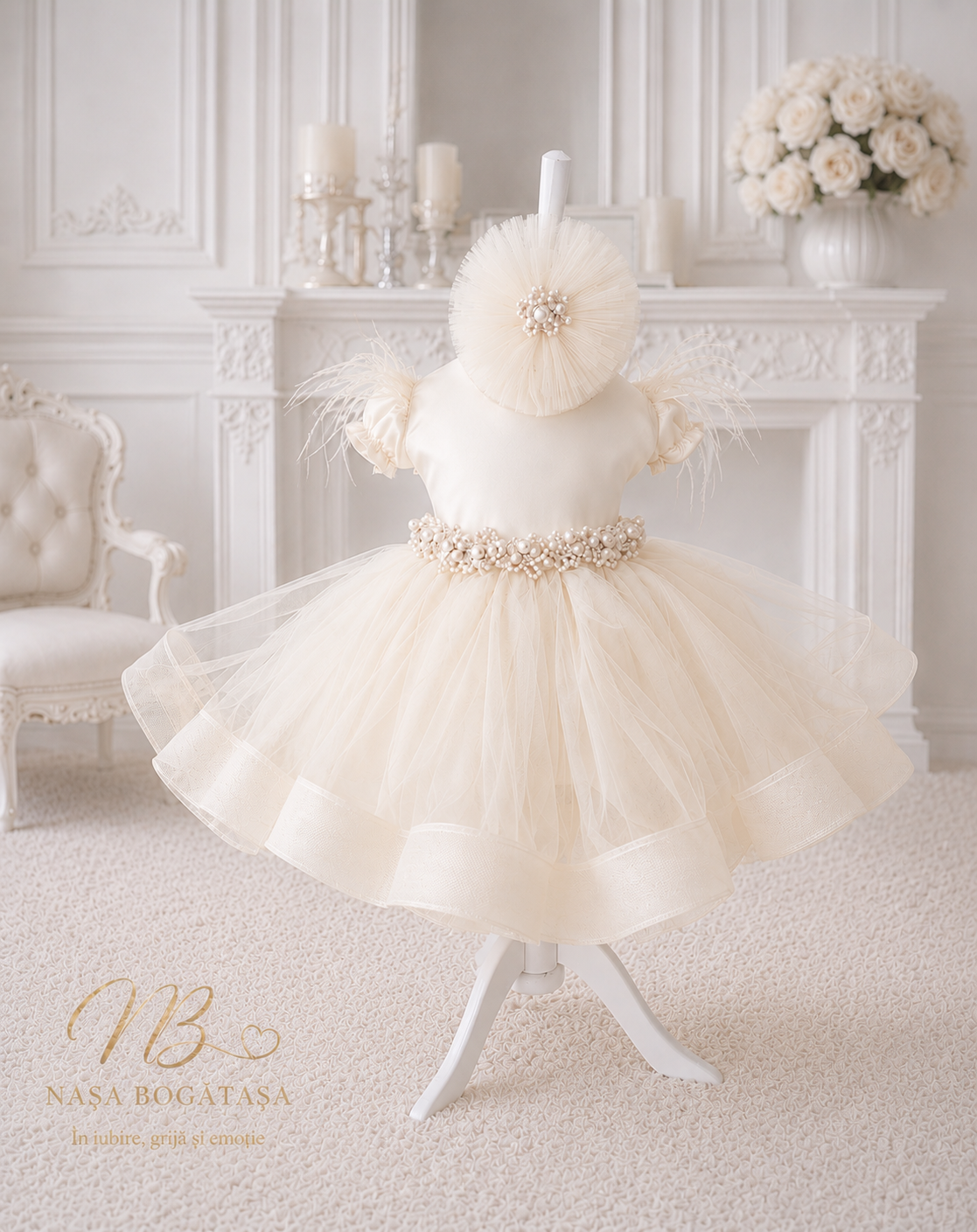 Rochie botez fetiță ivory cu tulle și aplicații perlate