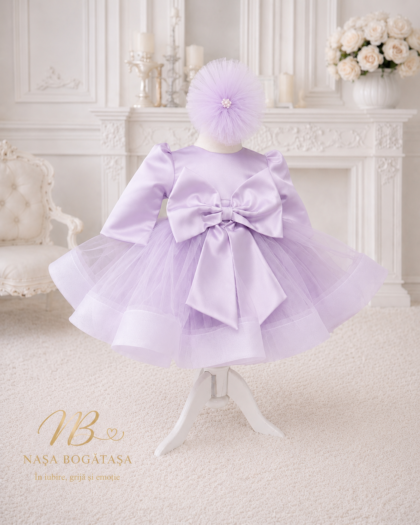 Rochie botez fetiță lila cu fundă mare și tulle