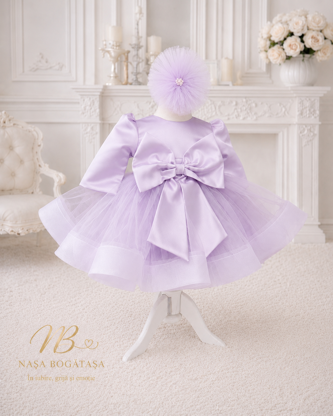 Rochie botez fetiță lila cu fundă mare și tulle