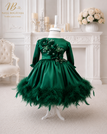 Rochie botez fetiță verde smarald cu flori 3D Emerald Bloom