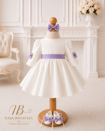 Rochie botez fetiță albă cu fundă lila Lilac Bow Royale
