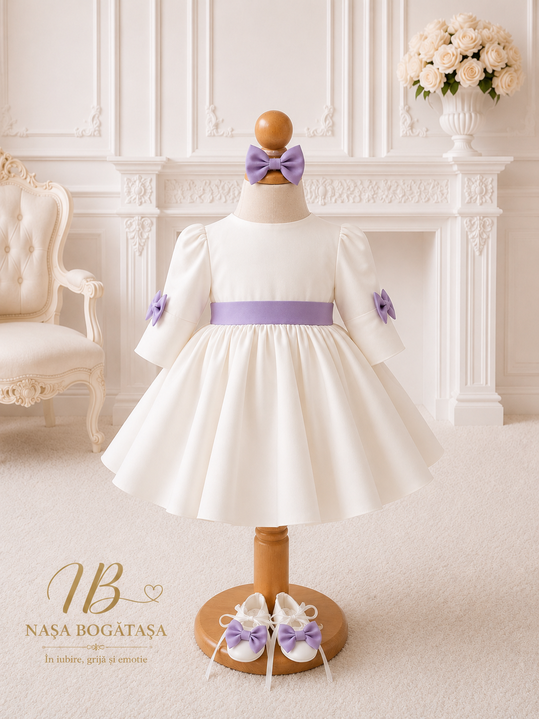 Rochie botez fetiță albă cu fundă lila Lilac Bow Royale
