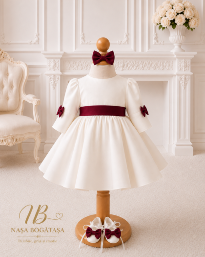 Rochie botez fetiță albă cu fundă bordo Burgundy Royal