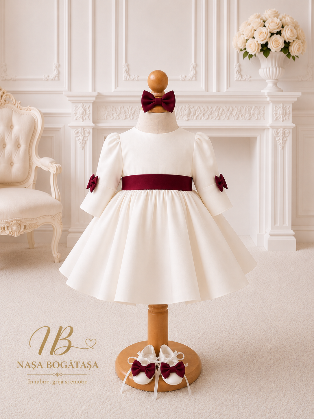 Rochie botez fetiță albă cu fundă bordo Burgundy Royal