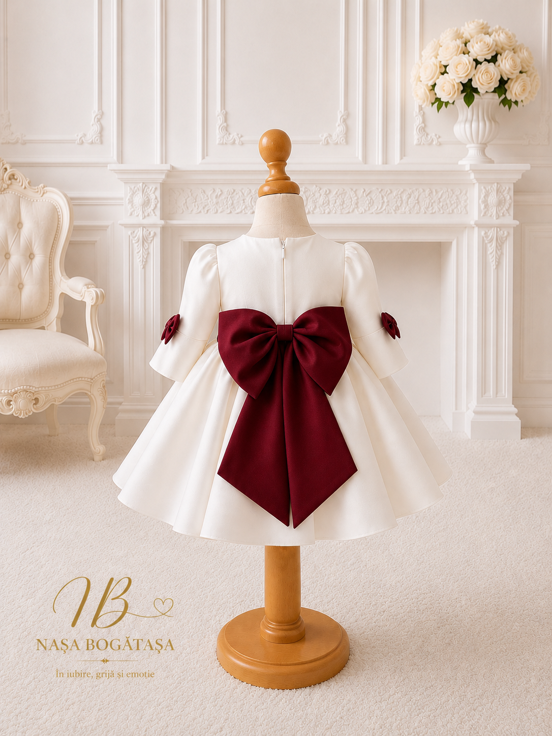 Rochie albă de botez cu cordon și fundițe bordo