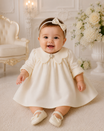 Rochie botez fetiță albă cu guler petală Pure Grace