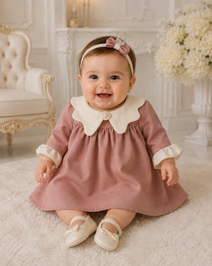 Rochie botez fetiță roz prăfuit cu guler alb Dusty Rose Grace