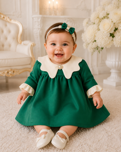 Rochie botez fetiță verde smarald cu guler alb Emerald Grace
