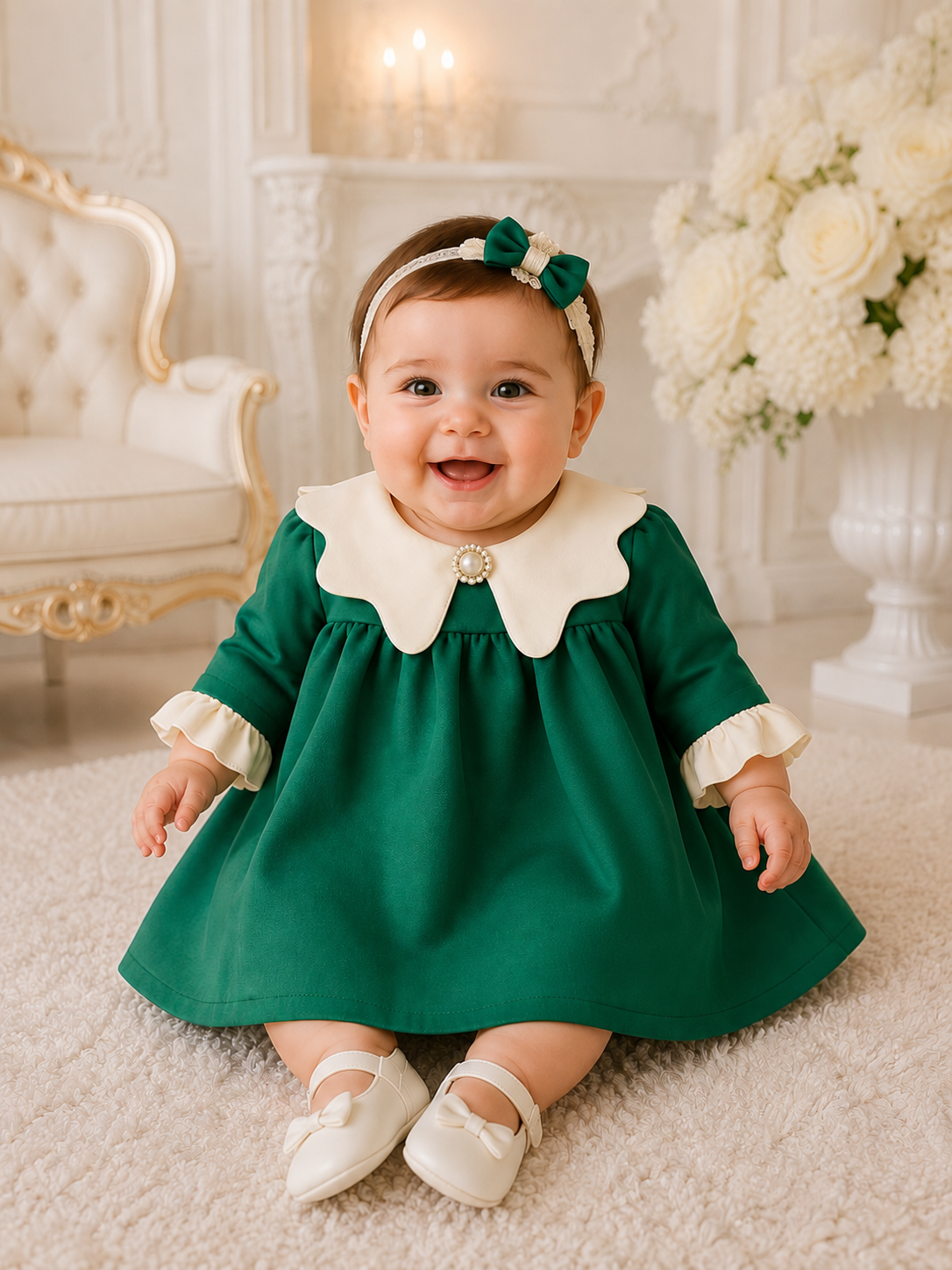 Rochie botez fetiță verde smarald cu guler alb Emerald Grace